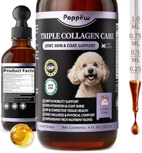 Collagen for Dogs - 12-in-1 Liquid Collagen for Skin & Coat Support, Hip & Joint with Types I, II & III Drops, Hyaluronic Acid, Green-Lipped Mussel - Chicken Flavor, 4 FL Oz