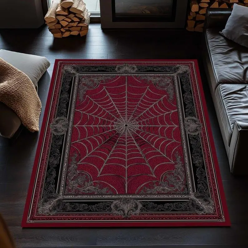 Gothic Spider Web Rug Black Red Floral Halloween Decor Washable Doormat Dark Aesthetic Bath Mat Alternative Home Decor