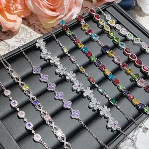 Lab Grown Diamond Colorful Gemstone Chain Bracelet, Elegant Flower Shaped Link Bracelet For Women, Daily Party Jewelry