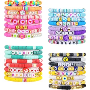 32 Pcs Preppy Jewelry Bracelets for Women Clay Bead Colorful Surfer Heishi Bracelet Set Stackable Beaded Friendship Stretch Bracelets Boho Y2K Summer Beach Elastic Layering Bracelets