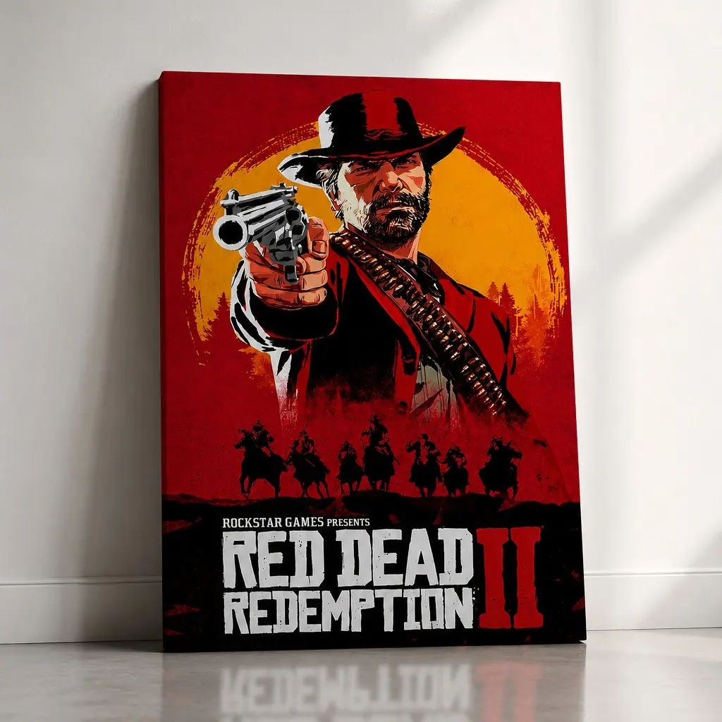 Red Dead Redemption 2 Cowboy Art Canvas Wall Art - Multi-Size Wood Framed Western Poster Print, Man Cave Gaming Room Wall Decor, Gamer Gift