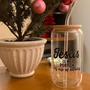 GoPraiseCo Glass Cup 16oz with Bamboo Lid & Glass Straw - Handmade Design Inspired by Psalms 16:5 - “Jesus is my portion, my cup of blessing” - Drinkware