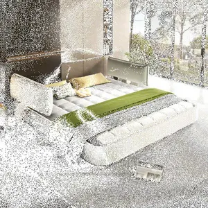 King Size Chenille Upholstered Platform Bed Frame, ARCH Cloud Bed with Adjustable Headrest (Oversized Movable), Round Corners, Solid Wood Frame Material & Metal Slat Support, No Box Spring Needed, Beige/White Modern Indoor Bedroom Furniture