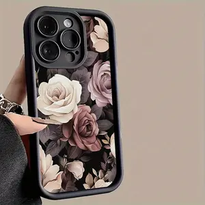 1pc white powder wine red rose pattern black phone case protective cover, high-quality phone case suitable for multiple iPhone 17Promax/16/15/14/13/12/11 models including Waiting for models, birthday gifts, holiday gifts, friend gifts
