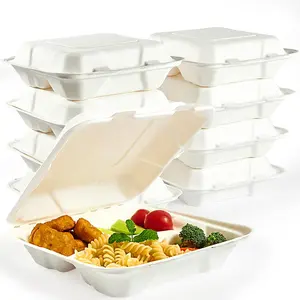 Compostable Clamshell Take Out  Containers, 90 PACK 8 inch x 8 inch  Disposable 3 Compartment, Heavy-Duty Bagasse To-Go Containers for Next Day Lunch, Potluck Party