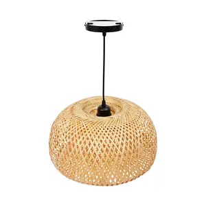 Natural Bamboo Handwoven Pendant Light Adjustable Height for Sloped Ceilings 110V E26 Bulb Not Included Rustic Farmhouse Chandelier 38cm Diameter 20cm Height