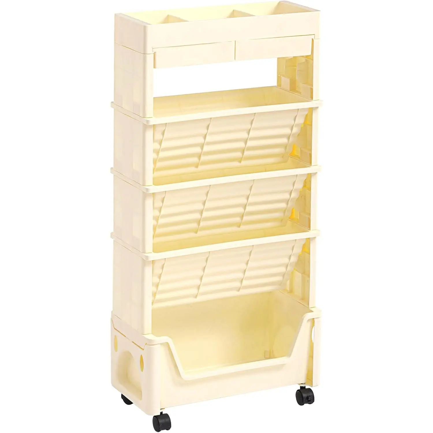 5 Tier Rolling Utility Cart, Book Cart with Wheels, Office Book Carts with Divided Top Shelf for Organizing Books and Supplies in Home, Office, Classroom, Beige