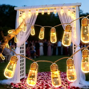Solar Plastic Light Bulb String, Hemp Rope Style Light String, 8 Modes, Including 20 Light Bulbs, Warm LED Garden Light String, Suitable for Lawns, Gardens, Courtyards, Valentine's Day, , New Year's Day Atmosphere Lights, Rope Lights