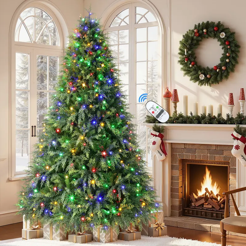 【17 Lighting Modes】SHareconn 2026 Prelit Hinged PE+PVC Artificial Aspen Cypress Christmas Tree - 5.5/6.5/7.5/8FT Holiday Decor Ornaments, Waterproof Multicolor Lights, Durable Metal Frame, Detailed Leaves, Remote Control, Auto Power Off