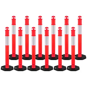 VEVOR 12 Pack Traffic Delineator Posts, Summervibes, 45 inches Traffic Safety Cones with Weighted Base and Reflective Strips, Heavy Duty Delineator Posts for Construction Site, Parking Lot, Crowd Control, Red