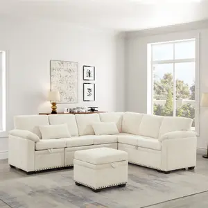 97 Inch L-Shaped Corner Sectional Sofa Couch with Seat and Storage Ottoman,Chenille Fabric Corner Couch with 7 Seats & 2 Pillows for Living Room, Beige