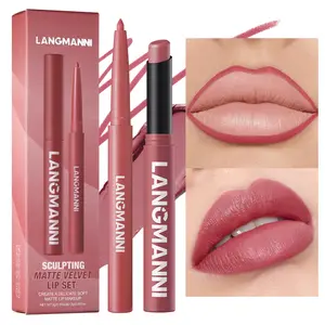 2-Pack lip liner and lipstick set with matte texture, moisturizing effect, soft touch, designed to enhance lip fullness, waterproof formula, suitable for all skin types