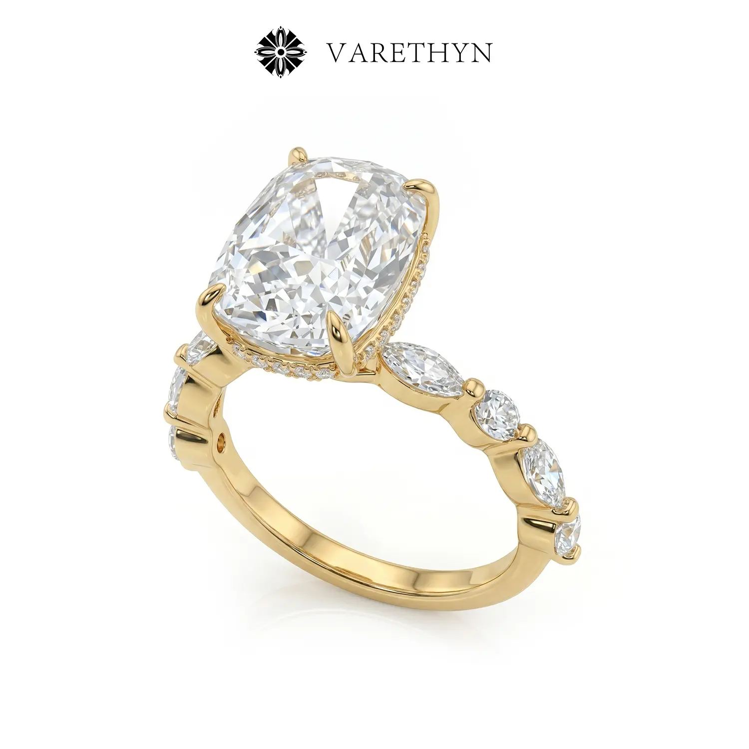 4ct Elongated Cushion Cut Eco Diamond Ring 14K Gold Plated Hidden Halo Engagement Ring for Women Sparkly Luxury Statement Ring