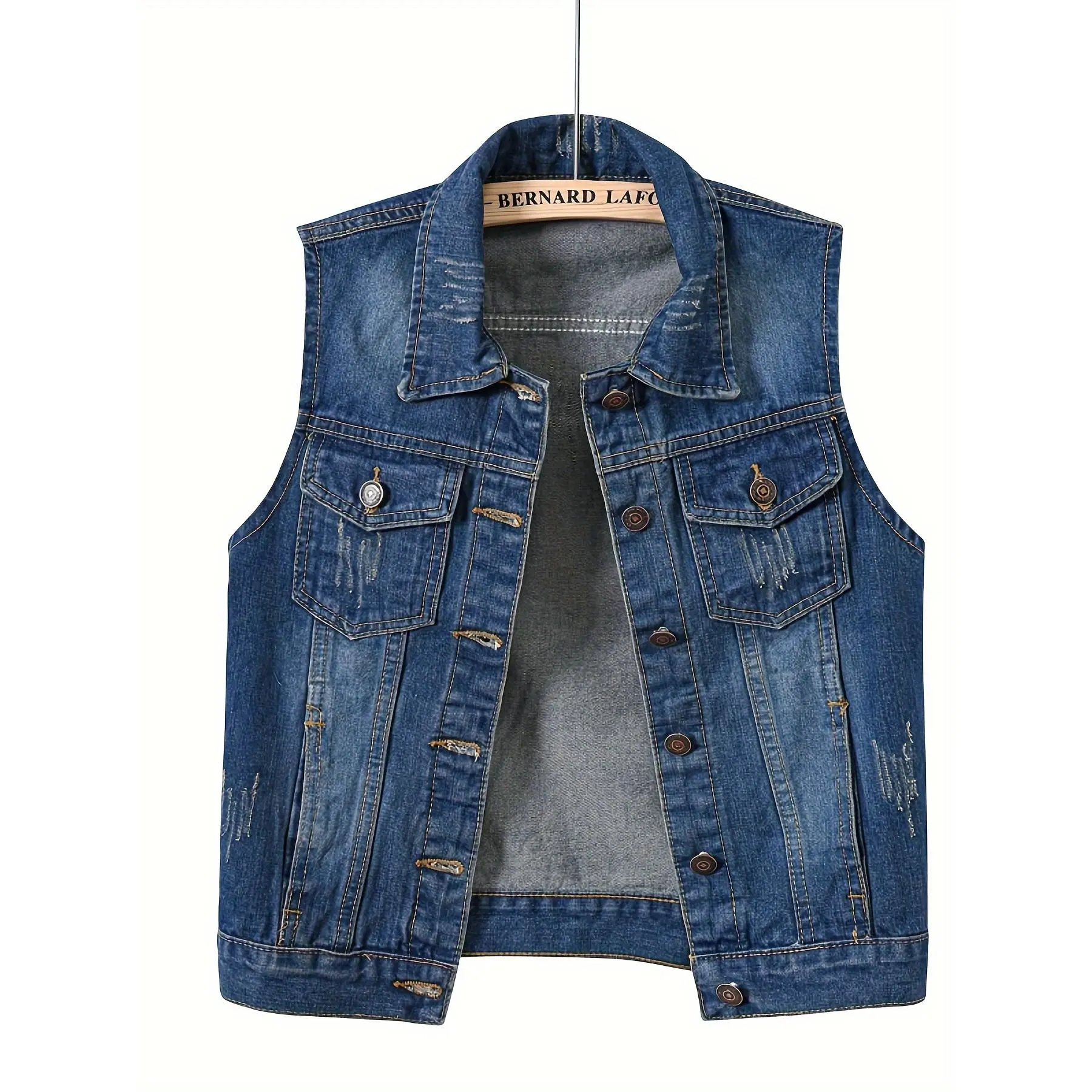 Women's denim jacket-sleeveless, ripped lapel, button front, casual streetwear with pockets