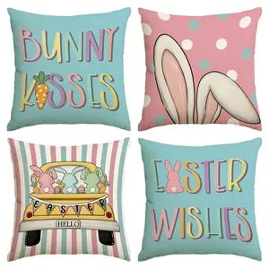 4pcs Easter Happy Pillow Cover, Cute Rabbit Ears Carrot Easter Egg Truck Single sided Printed Cushion Cover, 18 * 18 inches, Zipper Sealed, Farmhouse Festival Party Decoration, Suitable for Room Living Room Home Sofa Decoration (No Pillow Core)