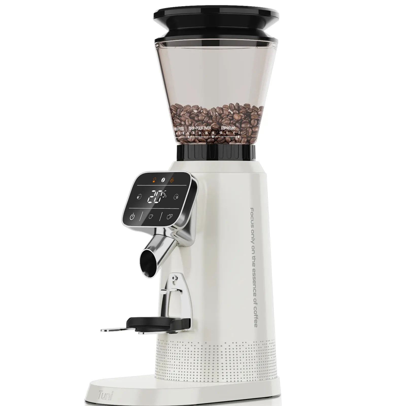 Tuni G2 Conical Burr Coffee Grinder, 70 Grind Settings Anti-static Burr Mill, Precision Electronic Timer and LED Touchscreen for Espresso/Drip/Cold Brew/French Press, Stainless Steel, Ivory