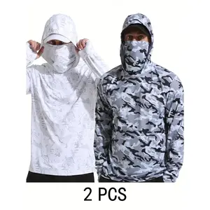 2PCs camo quick-dry lightweight hooded fishing sun protection shirt-breathable long sleeve outdoor gear for men, white & Grey geometric pattern, UV protection, fishing & Hiking