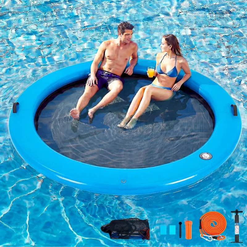 BEZLIVING 6-12FT Round Inflatable Floating Dock, Float Ring Water Hammock Tanning Pool Float with Woven Fabric, Manual Pump for Quick Inflate/Deflate, Fits 2-8 People for Lakes, Pools and Oceans