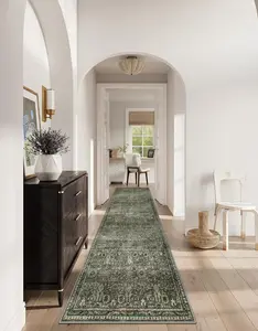 Dark Green Runner Rugs for Hallway 2x10, Washable Stain Resistant Kitchen Runner Rug 10ft, Rubber Backed Non Slip Carpet for Entryway  Sliding Door