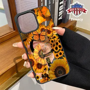 Sunflower Serenade Pattern Magnetic Phone Case Supports Wireless Charging for iPhone 15 16 14 Pro Max 13 12 11 XR XS Plus E Shockproof Non Slip Protection Silicone Transparent Acrylic Cover Cellphone Protective