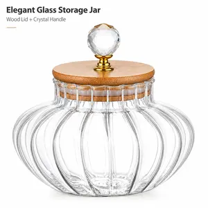 Ribbed Glass Candy Jar with Wood Lid & Crystal Handle – Decorative Storage Container