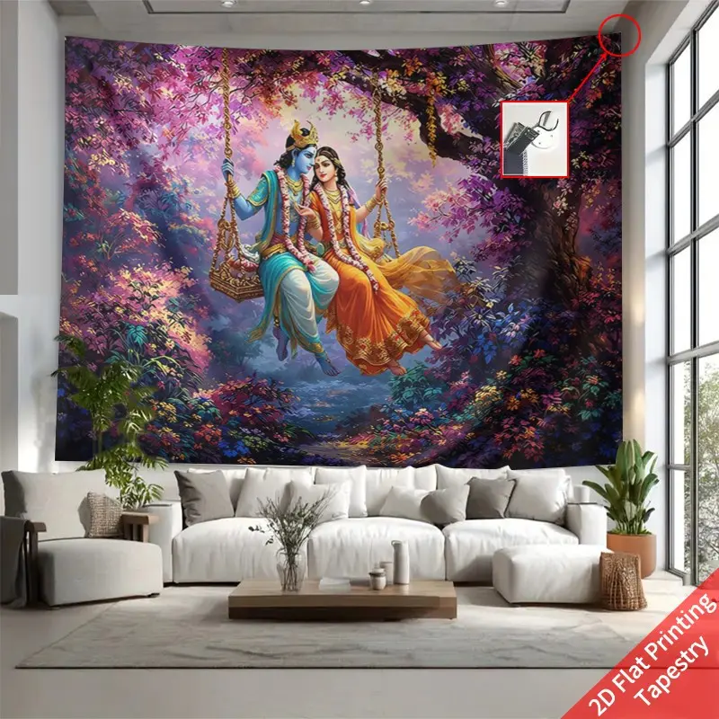 1pc Indian Mythology Radha Krishna pattern tapestry, polyester tapestry, wall hanging for living room, bedroom, office, home decoration, room decoration, party decoration, free installation package, Decorative Tapestry