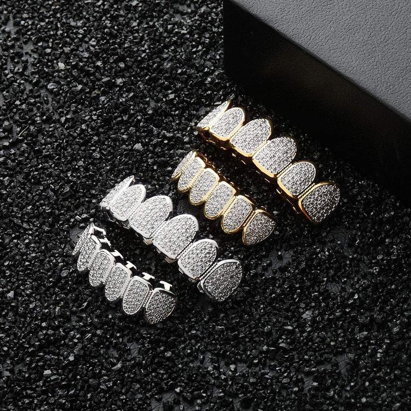 Grills for Your Teeth Simulated Diamond Teeth Grillz with Extra Molding Bars Included 18K Gold Plated Iced Out Cubic Zirconia Teeth for Men Women Silicon Oral Adjustable Silicone
