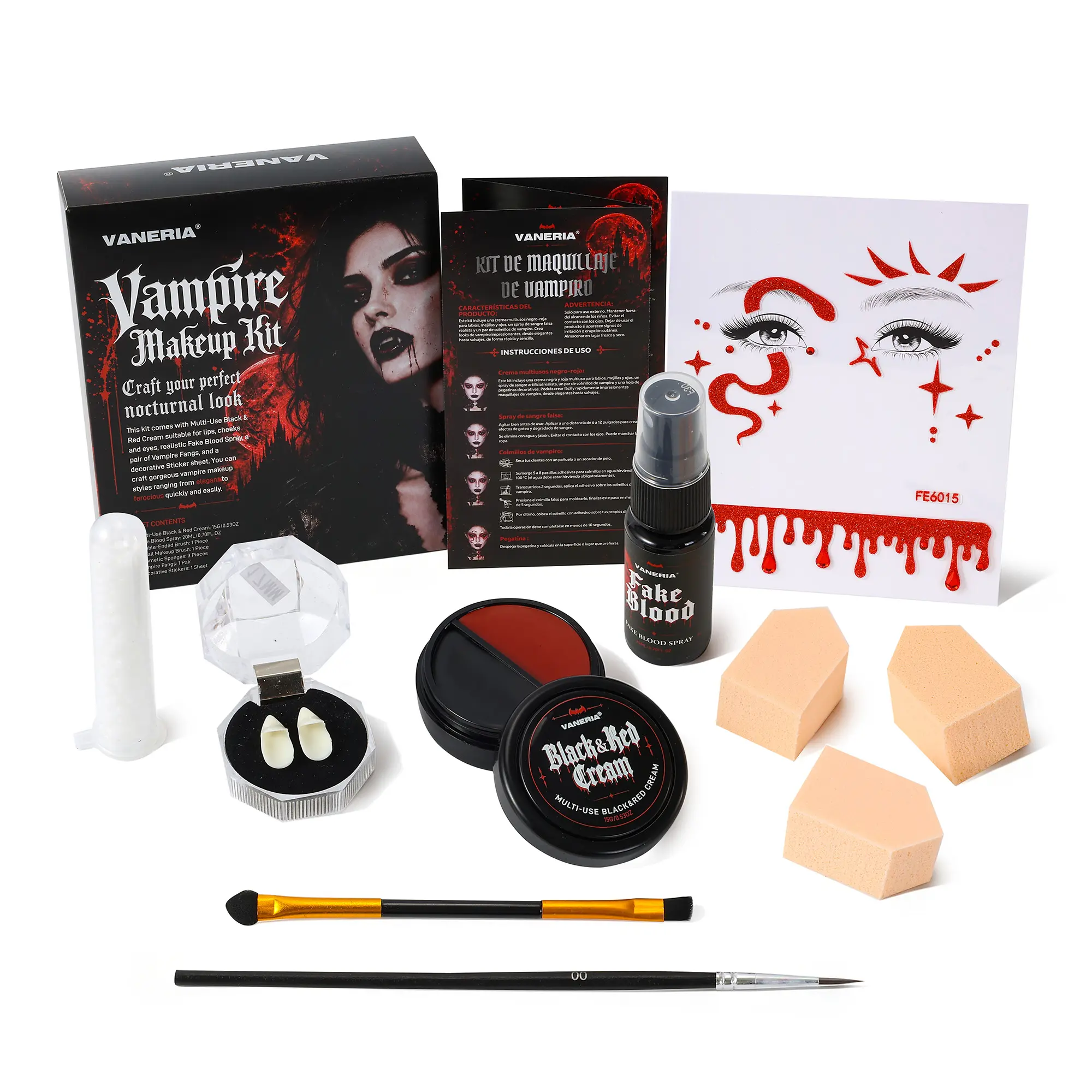Halloween Vampire Makeup Kit Set, Horror & SFX Makeup Set with 17mm Vampire Fangs, Fake Blood Spray, Black-Red Face Paint, Face Stickers & Makeup Tools, Halloween Makeup, Horror Cosplay