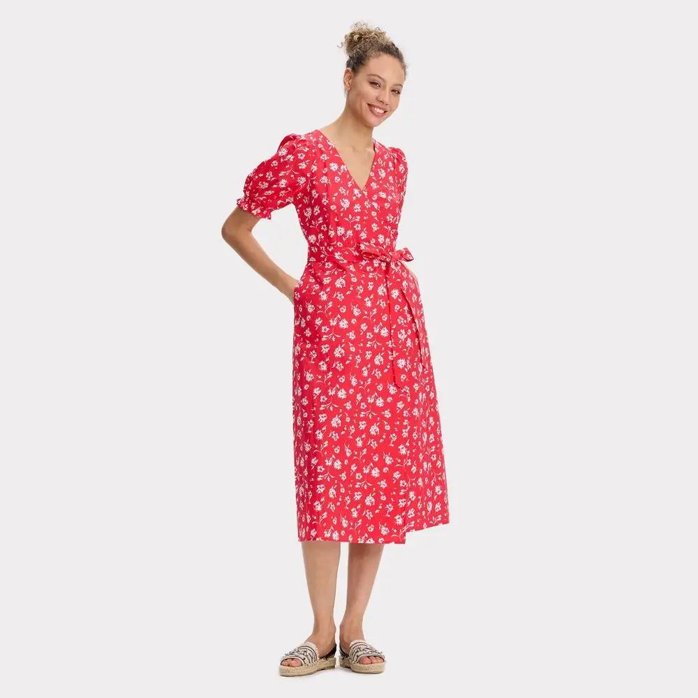 knee length dresses for ladies Red Split Neck Puff Short Sleeve Tiered Midi Dress main image 1