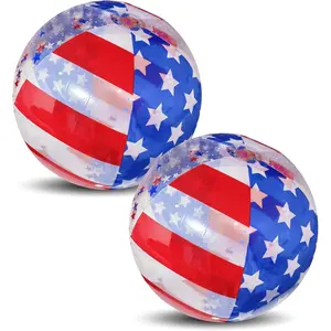 2 Pack 20 Inch Patriotic Inflatable Beach Balls Filled with Stars Confetti 4th of July Summer Swimming Pool Party Supply