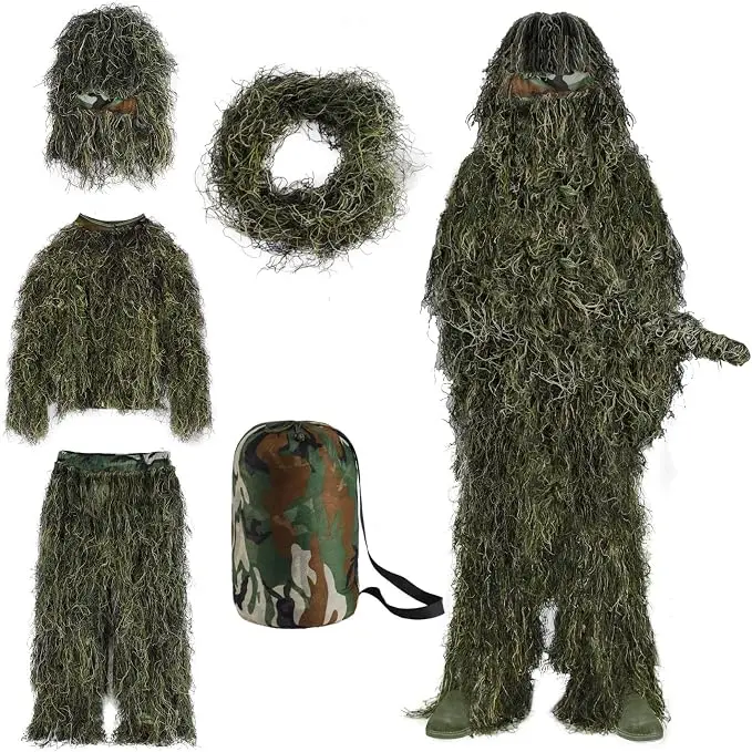 5-in-1 3D Camo Ghillie Suit - Hunting Jacket, Pants, Hood, Bag for Outdoor Hunting Activities