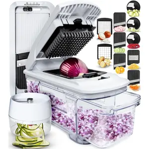 All-in-1 Vegetable Chopper, Mandoline Slicer & Cheese Grater - French Fry Cutter & Veggie Dicer - Includes Bonus Handheld Spiralizer - Cook's Tool & Gadget Sets (6 in 1, Black/White)