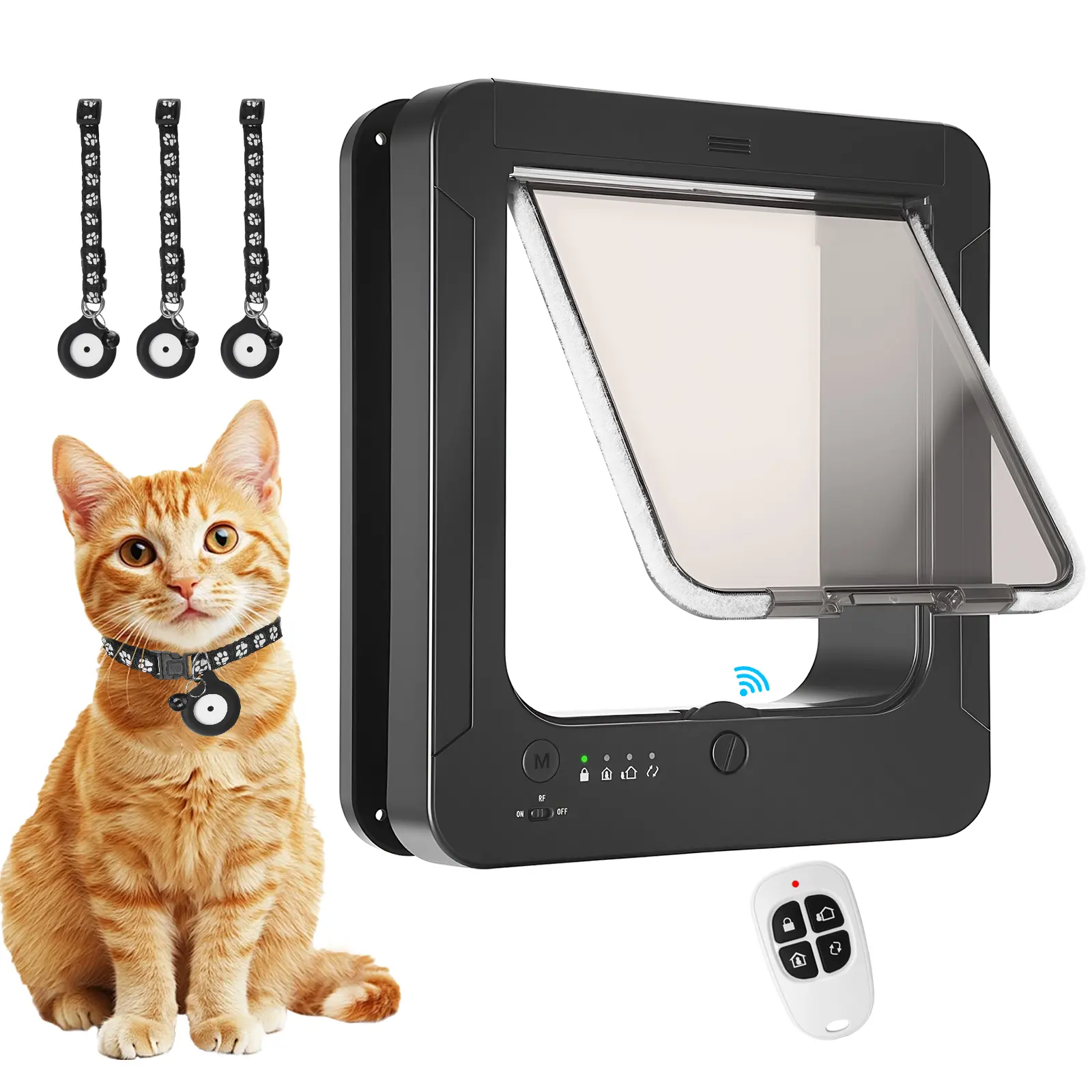 Smart Cat Door for Interior & Exterior, Cat Pet Door with 3 Collar Sensor Keys & 1 Remote Control & 4 Way Locking Cat Flap with RFID Collar Activated Opening CatDoor