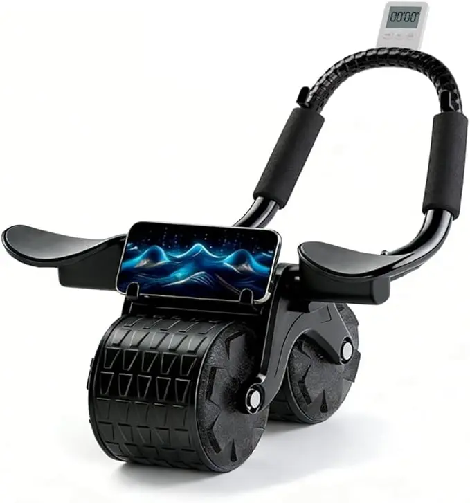 Abdominal Roller Machine with Automatic Rebound & Foam Padded Elbow Support, Wide Wheel Core Trainer for Men Women Home Fitness, Includes Knee Mat, Foam Cushion Eases Elbows campingessentials, Abdominal Workout Gear, Core Workouts, Pvc