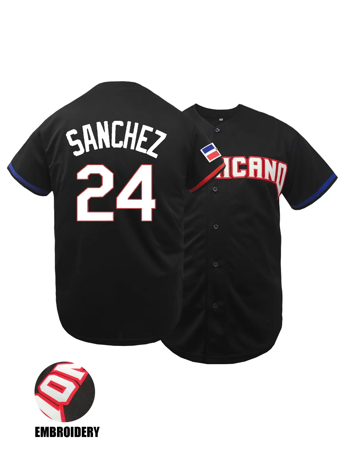 Men Women Dominican baseball jersey, #24 stitched jersey, Dominican Republic fan gear, unisex baseball shirt, V-neck button up jersey, breathable mesh sports tee, game day apparel, streetwear baseball jersey, white black baseball shirt Sports Top