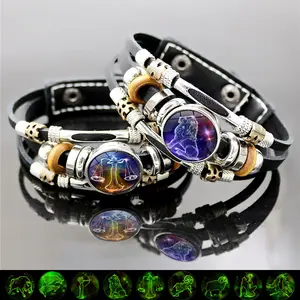 Nandudu Glow-in-the-Dark Zodiac Charm Bracelet - 6.9-8.1 in Leather Braided Artificial Gemstone Jewelry, 12 Astrology Signs, Taurus Option, Women's Daily Wear Accessory, Gift Idea