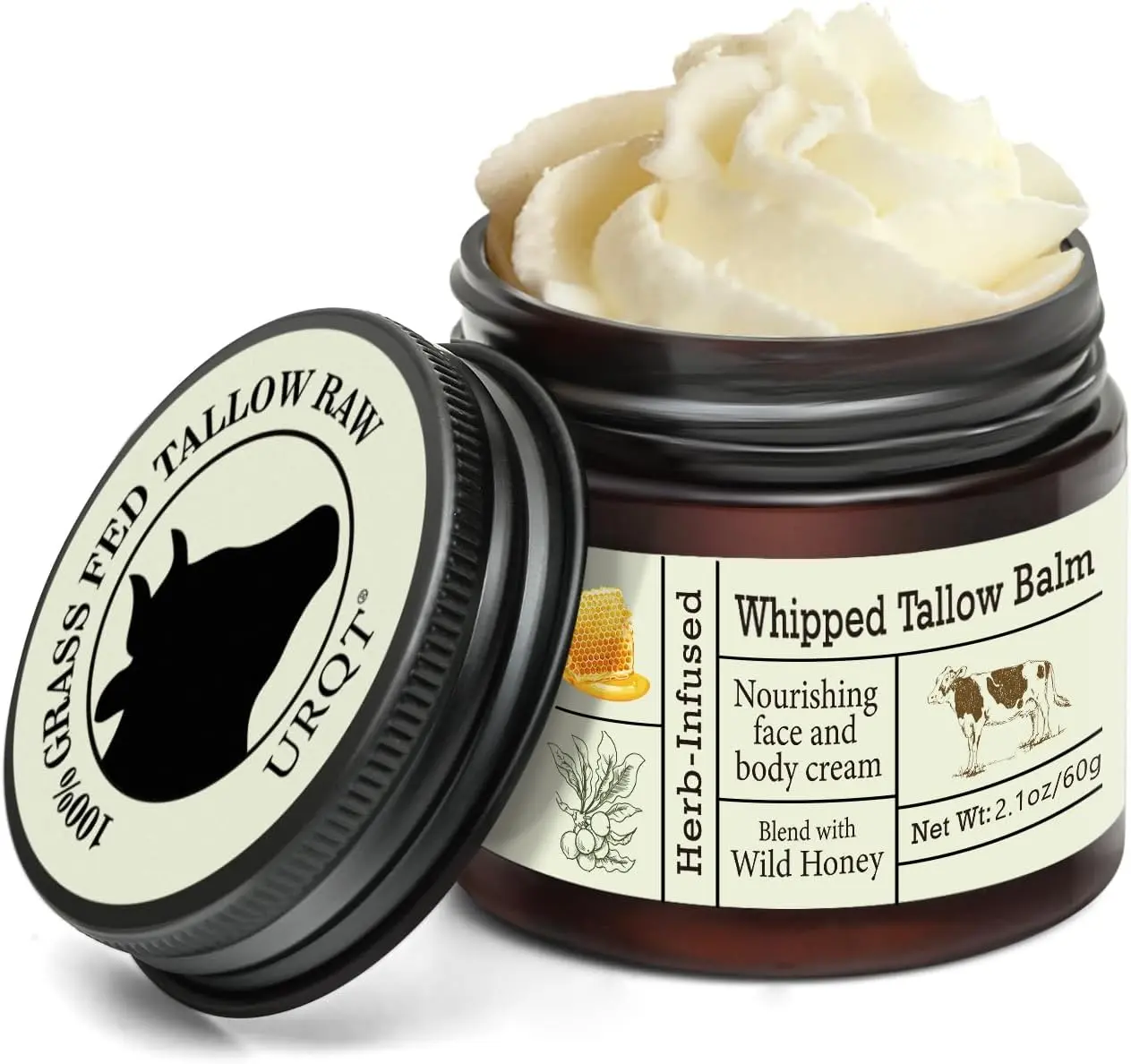 URQT Beef Tallow for Skin - Organic Grass-Fed Whipped Beef Tallow and Honey Balm - Deeply Moisturizing for Face & Body - Natural Skin Care for Soft, Supple Skin