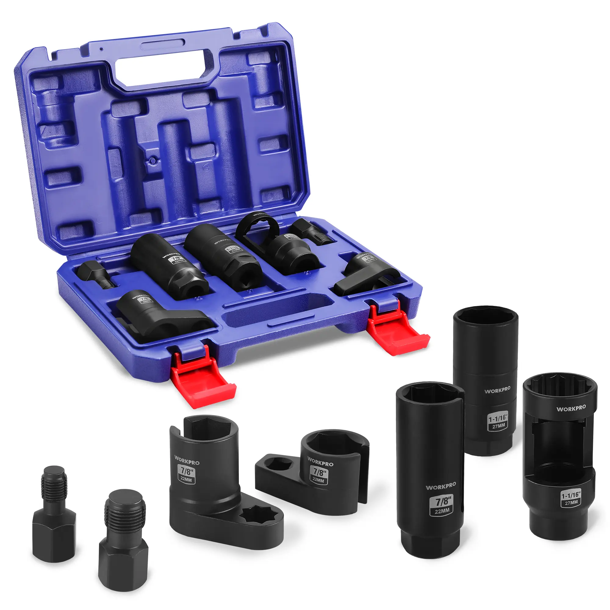 #toolupgrade WORKPRO 7 Packs O2 Oxygen Sensor Socket, Automotive 3/8" 1/2" Drive x 1-1/16" 7/8" 27mm 22mm O2 Sensor Socket Removal Tool Wrench and Thread Chaser Set, for Oil Pressure Vacuum Thermal Oxygen Sensors