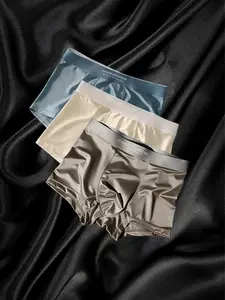 3pcs Satin Ice Silk Men's Underwear, Smooth Breathable Quick-Dry Summer Boxers, Casual Solid Color Fitted Shorts, Stretchy Boxer Briefs for All Seasons