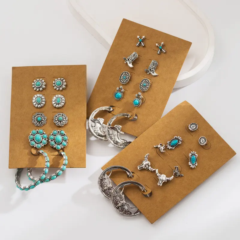 Women's Western Stud Earring Set, 9-Pair Boho Multi-Pack with Turquoise, Floral, Boot, Arrow, and Bull Skull Designs for Female Outfits, Stud Earrings, Western Boho Outfits