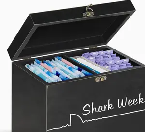 Wooden bathroom storage box for pod tissues, feminine hygiene products, and tampons.