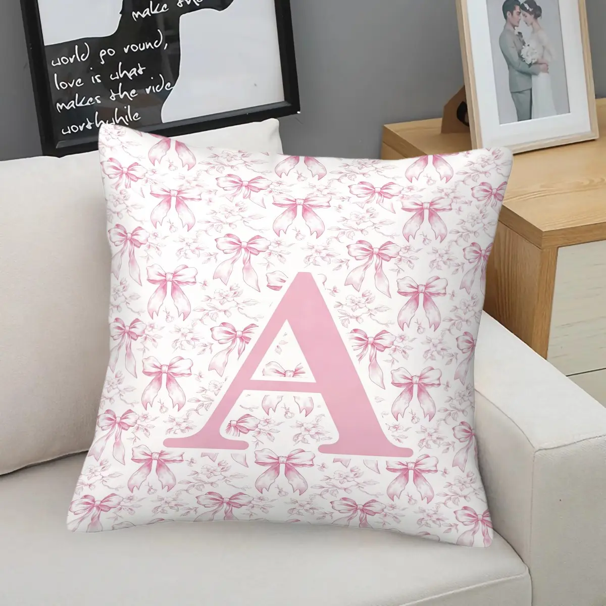 Girly Pink Bow Floral Monogram A-Z Throw Pillow, Romantic Coquette Cushion Accent Pillow Includes Pillow Core,  Soft Durable Fabric, Ideal for Sofa Couch Bedroom Dorm Apartment, Wonderful Gift for Girls Women