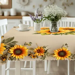 1pc Elegant Spring/Summer Yellow Sunflower Print Tablecloth | Polyester, Lace Edge Design, Vibrant Festival Packaging, Green Leaves, Durable, Machine Washable, Suitable for Party, Patio Indoor/Outdoor Decor, Square and Rectangular Table Covers