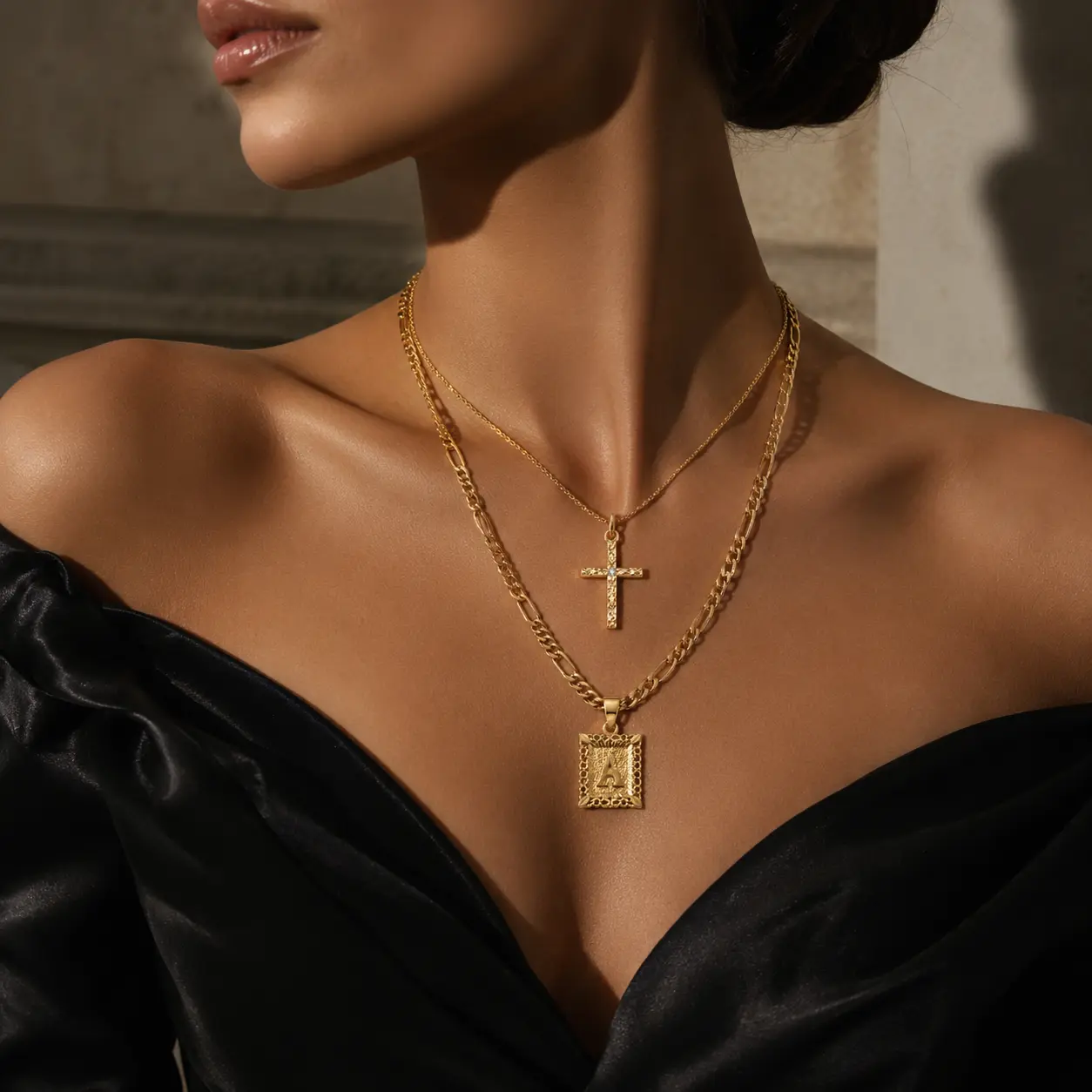 Women's 14 Karat Gold-Plated Chain & Link Layered Cross and A Initial Necklace, 0.44 inch/1.1 cm-2.3 cm Cubic Zirconia Pendant Jewelry for Daily Wear