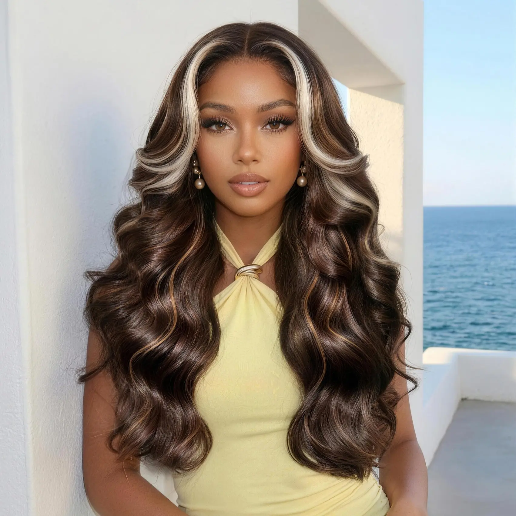 Nadula 7x5 Glueless Human Hair Loose Wave Wig Chocolate Brown with Platinum Blonde Face-Framing Highlights Bye Bye Slip Lace Drawstring Summer Wig