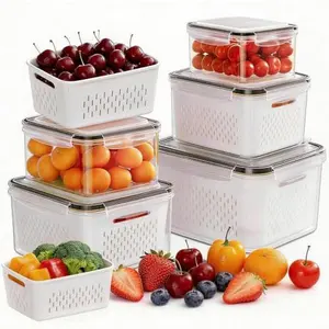 5 Pack Fruit Storage Containers for Fridge, Plastic Fruit Containers for Fridge with Removable Colanders, Leakproof Fridge Organizers and Storage for Berry Vegetable Salad Lettuce Meat Food