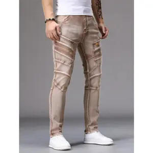 Light Blue High-Cotton Patchwork Jeans | Slim-Fit Streetwear Denim