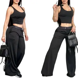Women's Wide Leg Yoga Style Women's Wide Leg Pants Yoga Front Fold Loose Elastic Waist Sports Straight Pocket Soft Black Casual Womenswear Activewear Blouse Essential Cropped Bottom Day Dress Light Summer Wear