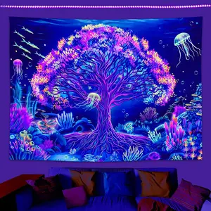 Underwater World Tree Of Life Pattern Tapestry, 1 Count Colorful UV Reaction Fluorescent Plant Tapestry, Wall Hanging for Bedroom Living Room Gallery Office Dormitory, Tapestry Wall Mural