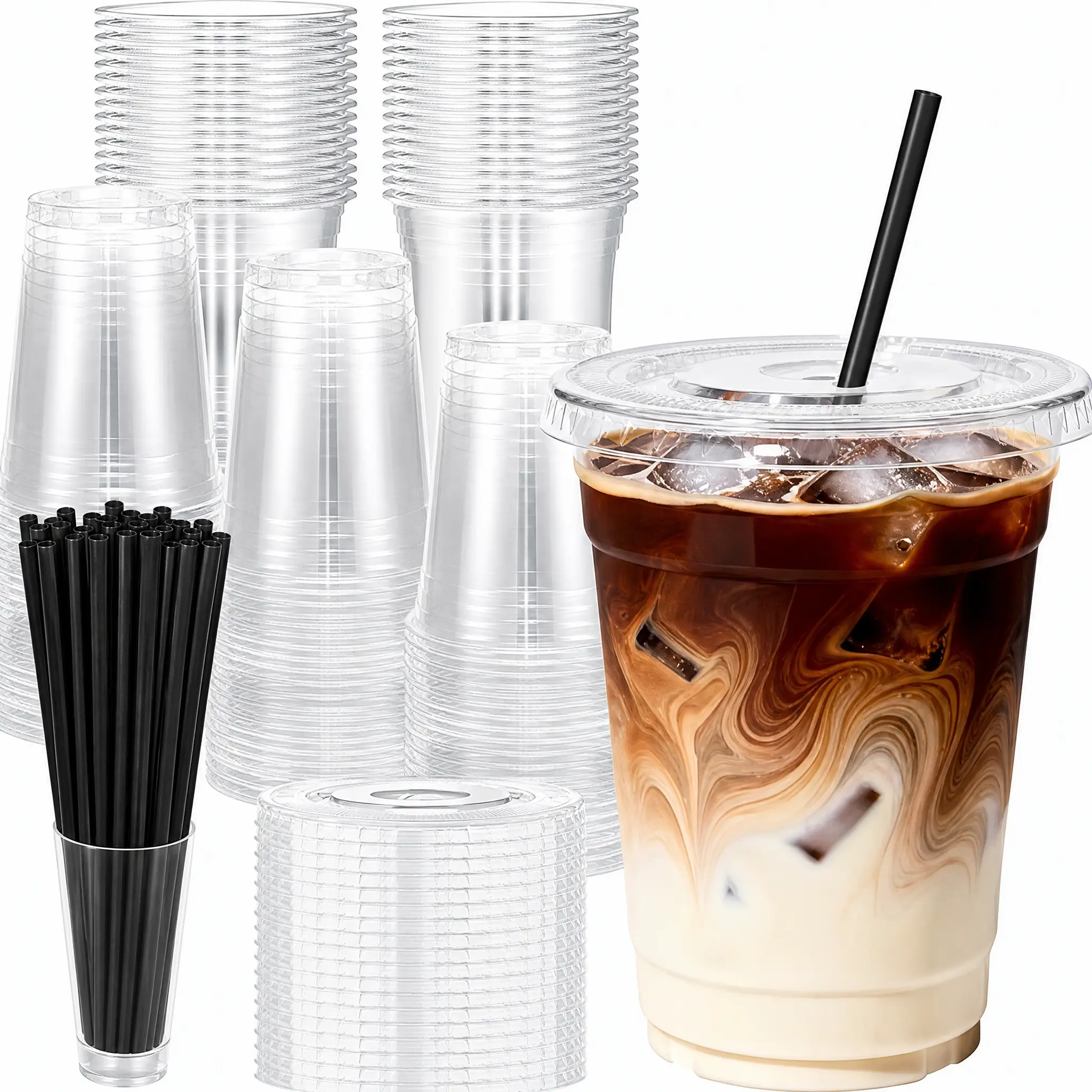 【new flat bottomed style】16 oz disposable plastic coffee cup Mexican cup beverage Straw Cups Clear Cups With Lids,Comes with a black straw as a gift